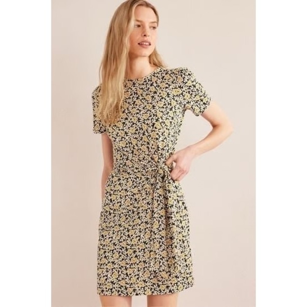 Boden Floral Knot Front Jersey Dress Black Yellow Short Sleeve Petite US 2P